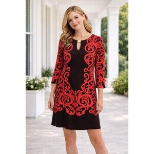 New York & Co Dress Women's XS Red Print Keyhole Neck Ponte Knit Stretch Shift